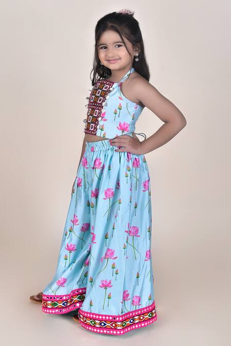 Buy_JILMIL DREAMWEAR_Blue Cotton, Silk Embroidery Lotus Print Top With Palazzo_Online_at_Aza_Fashions