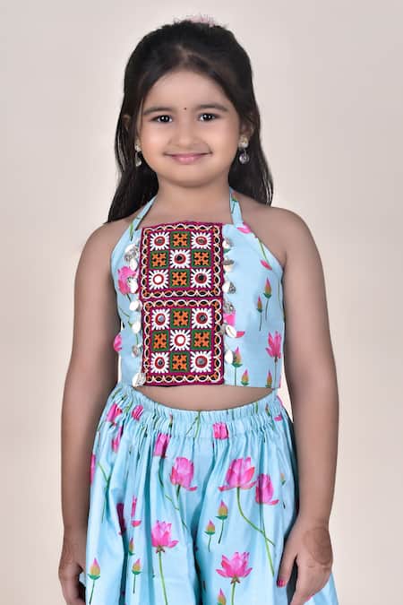 Shop_JILMIL DREAMWEAR_Blue Cotton, Silk Embroidery Lotus Print Top With Palazzo_Online_at_Aza_Fashions