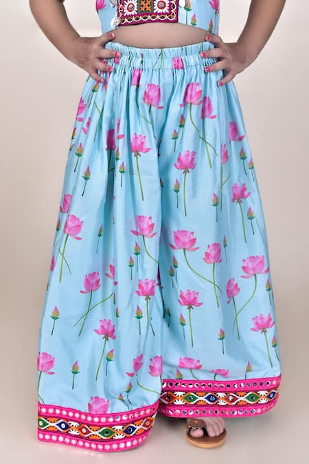 JILMIL DREAMWEAR_Blue Cotton, Silk Embroidery Lotus Print Top With Palazzo_at_Aza_Fashions