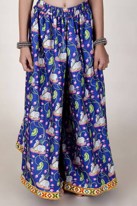 Shop_JILMIL DREAMWEAR_Blue Cotton, Silk Embroidery Lotus Blossom Print Palazzo With Top_Online_at_Aza_Fashions