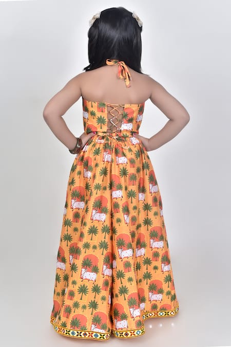 Shop_JILMIL DREAMWEAR_Yellow Cotton, Silk Embroidery Cattle Print Top With Palazzo _at_Aza_Fashions