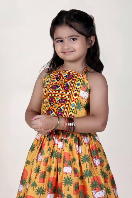 JILMIL DREAMWEAR_Yellow Cotton, Silk Embroidery Cattle Print Top With Palazzo _Online_at_Aza_Fashions