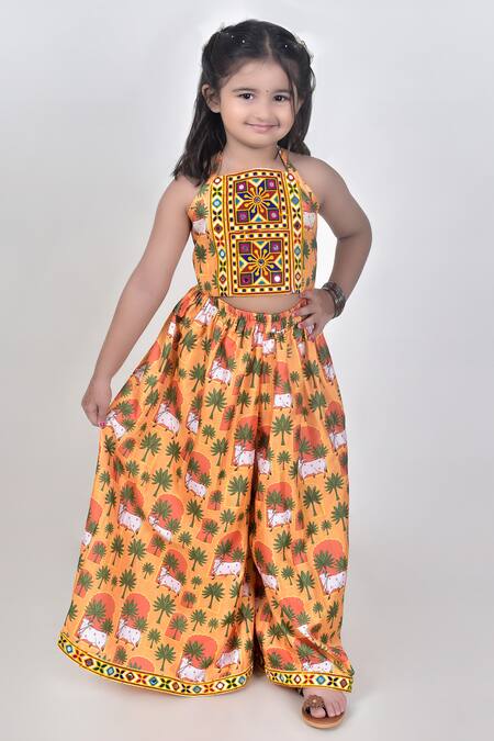 Buy_JILMIL DREAMWEAR_Yellow Cotton, Silk Embroidery Cattle Print Top With Palazzo _Online_at_Aza_Fashions