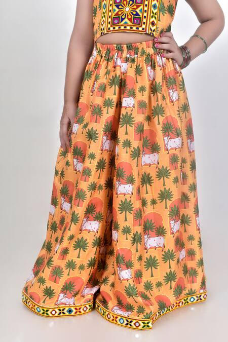 JILMIL DREAMWEAR_Yellow Cotton, Silk Embroidery Cattle Print Top With Palazzo _at_Aza_Fashions