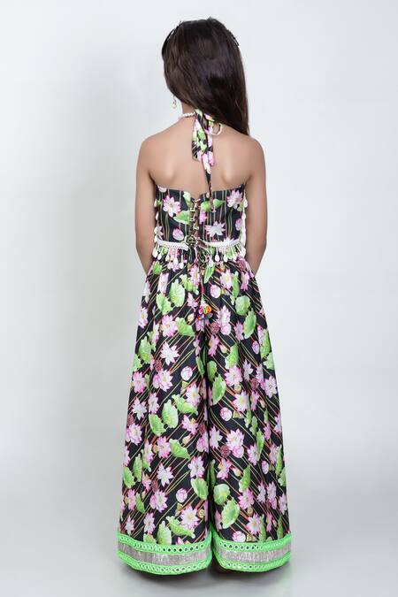 Shop JILMIL DREAMWEAR Black Cotton, Silk Embroidery Embellished Top With Lotus Print Palazzo at Aza Fashions Shop_JILMIL DREAMWEAR_Black Cotton, Silk Embroidery Embellished Top With Lotus Print Palazzo_at_Aza_Fashions