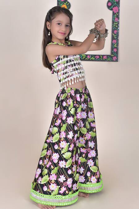 Buy JILMIL DREAMWEAR Black Cotton, Silk Embroidery Embellished Top With Lotus Print Palazzo Online at Aza Fashions Buy_JILMIL DREAMWEAR_Black Cotton, Silk Embroidery Embellished Top With Lotus Print Palazzo_Online_at_Aza_Fashions