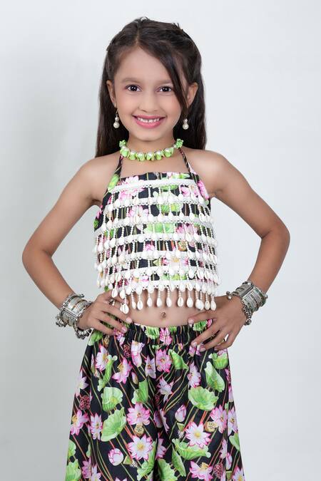 Shop JILMIL DREAMWEAR Black Cotton, Silk Embroidery Embellished Top With Lotus Print Palazzo Online at Aza Fashions Shop_JILMIL DREAMWEAR_Black Cotton, Silk Embroidery Embellished Top With Lotus Print Palazzo_Online_at_Aza_Fashions