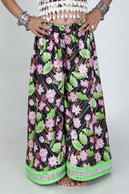 JILMIL DREAMWEAR Black Cotton, Silk Embroidery Embellished Top With Lotus Print Palazzo at Aza Fashions JILMIL DREAMWEAR_Black Cotton, Silk Embroidery Embellished Top With Lotus Print Palazzo_at_Aza_Fashions
