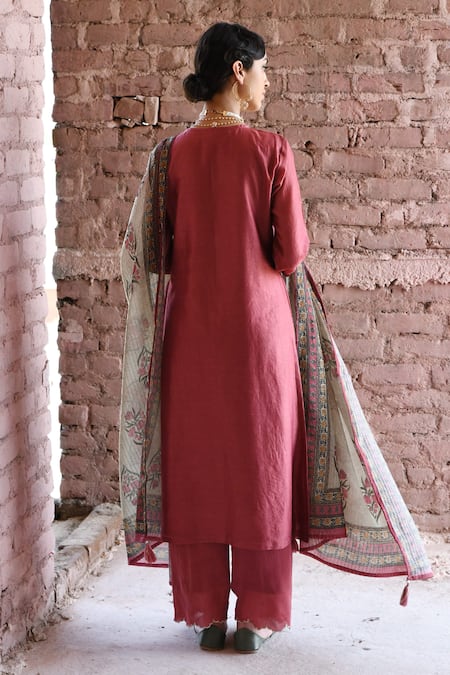 Karaj Jaipur A-Line Kurta Scalloped Hem Pant Set 