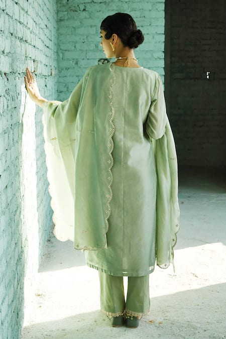 Shop_Karaj Jaipur_Green Chanderi Embroidery, Gota Patti Split V-neck Kurta Pant Set _at_Aza_Fashions
