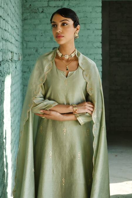 Karaj Jaipur_Green Chanderi Embroidery, Gota Patti Split V-neck Kurta Pant Set _Online_at_Aza_Fashions