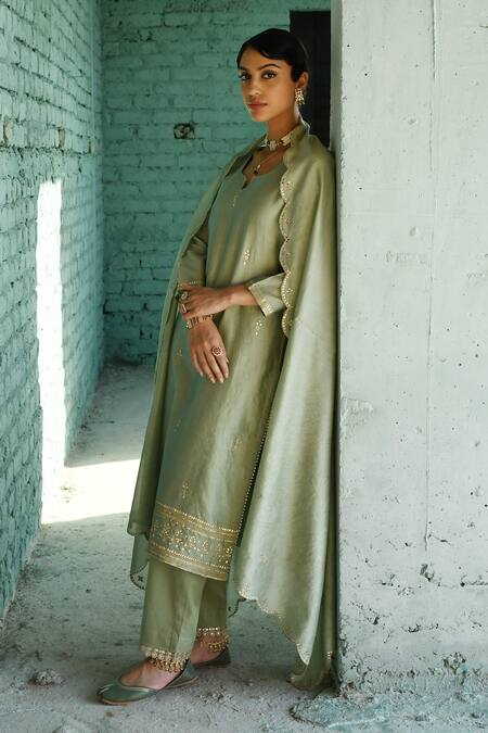 Shop_Karaj Jaipur_Green Chanderi Embroidery, Gota Patti Split V-neck Kurta Pant Set _Online_at_Aza_Fashions