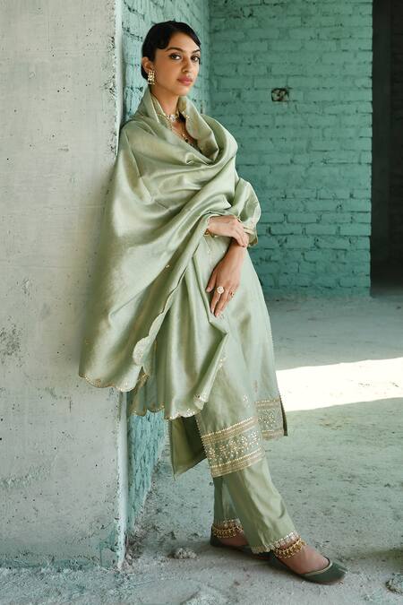 Karaj Jaipur_Green Chanderi Embroidery, Gota Patti Split V-neck Kurta Pant Set _at_Aza_Fashions