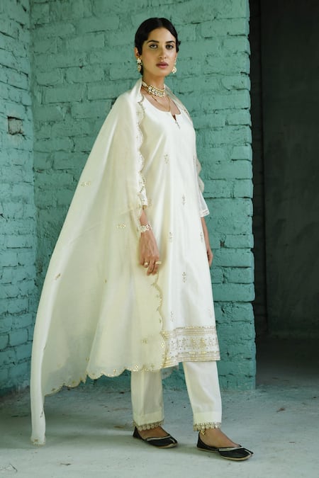 Shop_Karaj Jaipur_Cream Chanderi Embroidery, Gota Patti Split V-neck Kurta Pant Set _Online_at_Aza_Fashions