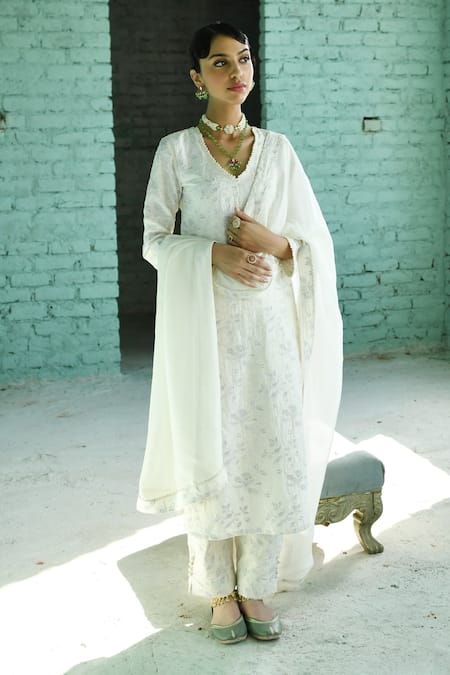 Karaj Jaipur_White Linen, Organza Embroidery V-neck Self Straight Kurta Pant Set _at_Aza_Fashions