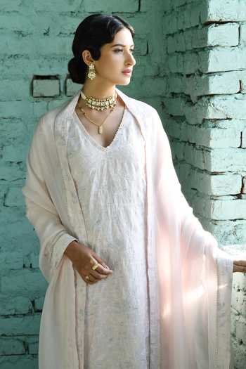 Buy_Karaj Jaipur_Pink Linen, Organza Embroidery V-neck Thread Kurta Pant Set_Online_at_Aza_Fashions