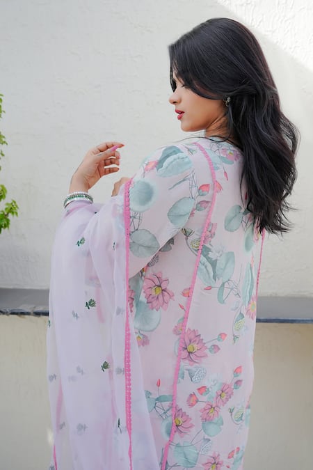 Shop Gulabo Jaipur Pink Muslin Embroidery, Sequins Split V-neck Floral Printed Kurta Set at Aza Fashions Shop_Gulabo Jaipur_Pink Muslin Embroidery, Sequins Split V-neck Floral Printed Kurta Set_at_Aza_Fashions