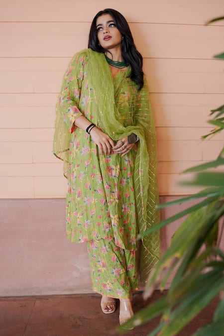 Gulabo Jaipur Green Muslin Printed Floral Notched Meer Kurta Pant Set