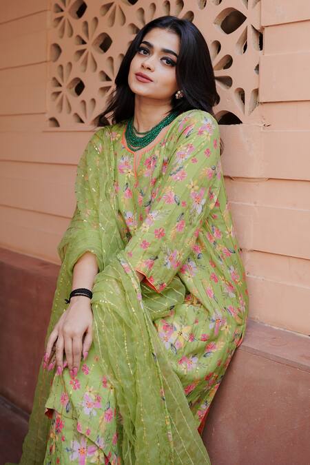 Shop_Gulabo Jaipur_Green Muslin, Organza Embroidery, Lace Collared Meer Floral Print Kurta Pant Set_Online_at_Aza_Fashions