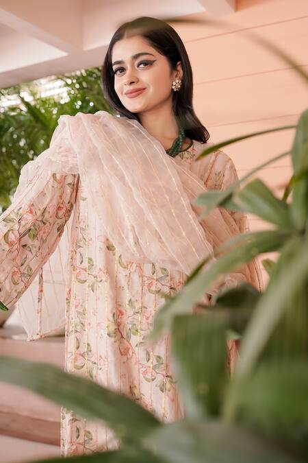 Shop Gulabo Jaipur Pink Muslin, Organza Embroidery, Sequins Split Floral Print Kurta Pant Set at Aza Fashions Shop_Gulabo Jaipur_Pink Muslin, Organza Embroidery, Sequins Split Floral Print Kurta Pant Set_at_Aza_Fashions