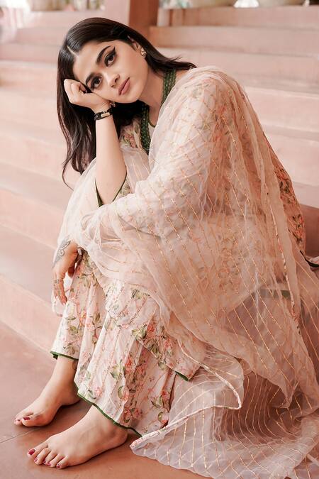 Gulabo Jaipur Pink Muslin, Organza Embroidery, Sequins Split Floral Print Kurta Pant Set Online at Aza Fashions Gulabo Jaipur_Pink Muslin, Organza Embroidery, Sequins Split Floral Print Kurta Pant Set_Online_at_Aza_Fashions
