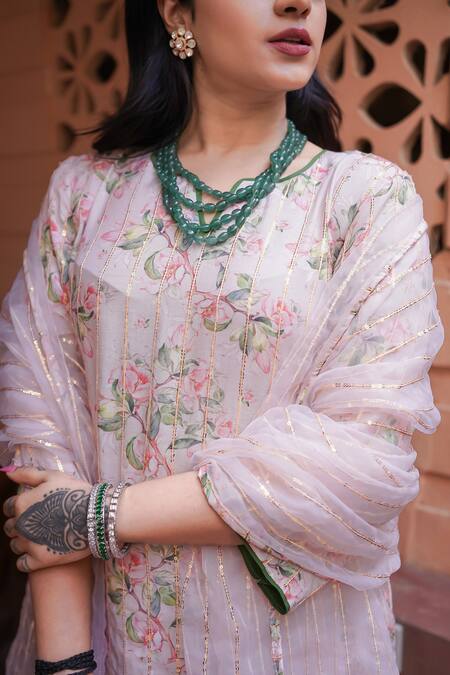 Buy Gulabo Jaipur Pink Muslin, Organza Embroidery, Sequins Split Floral Print Kurta Pant Set Buy_Gulabo Jaipur_Pink Muslin, Organza Embroidery, Sequins Split Floral Print Kurta Pant Set
