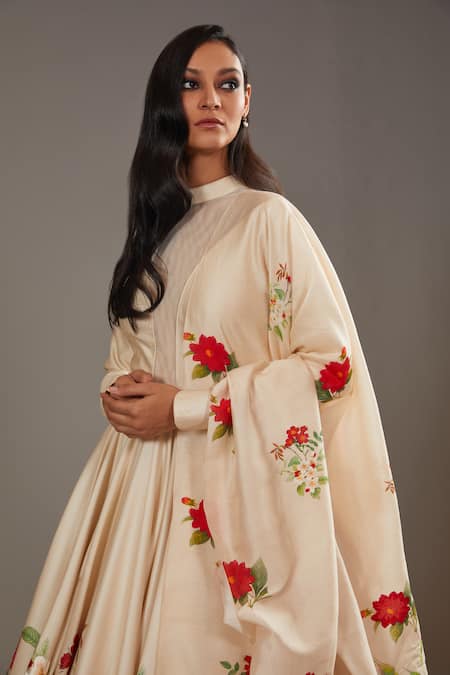 Rohit Bal_Ivory Silk, Chanderi, Cotton Embroidery Round Neck Roseate Print Anarkali Set _Online_at_Aza_Fashions