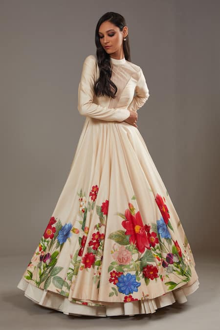Buy_Rohit Bal_Ivory Silk, Chanderi, Cotton Embroidery Round Neck Roseate Print Anarkali Set _Online_at_Aza_Fashions