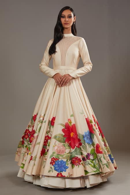 Shop_Rohit Bal_Ivory Silk, Chanderi, Cotton Embroidery Round Neck Roseate Print Anarkali Set _Online_at_Aza_Fashions