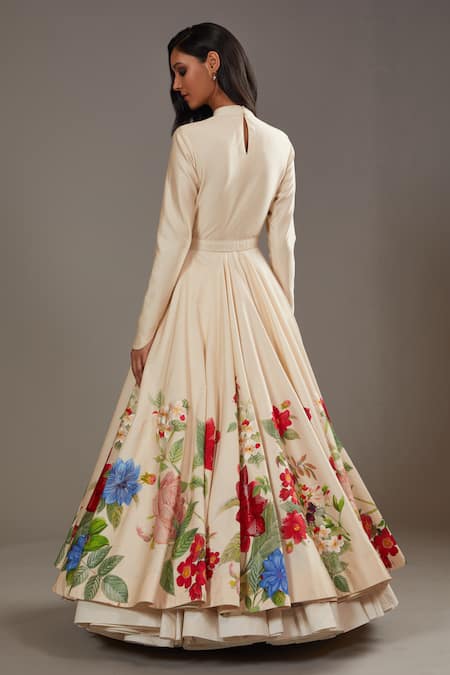 Rohit Bal_Ivory Silk, Chanderi, Cotton Embroidery Round Neck Roseate Print Anarkali Set _at_Aza_Fashions