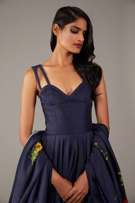 Rohit Bal_Blue Silk, Cotton Embroidery Sweetheart Neck Bloom Garden Anarkali Set _Online_at_Aza_Fashions