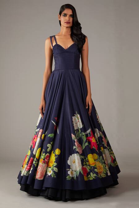 Buy_Rohit Bal_Blue Silk, Cotton Embroidery Sweetheart Neck Bloom Garden Anarkali Set _Online_at_Aza_Fashions