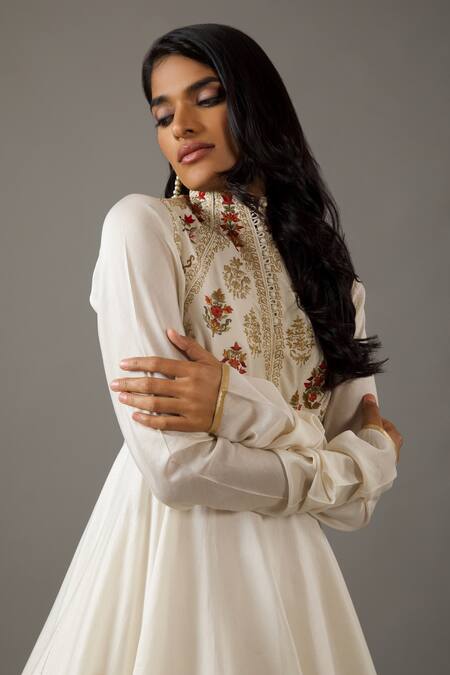 Rohit Bal_Ivory Silk, Chanderi, Cotton Embroidery High Neck Roseate Bloom Anarkali Set _Online_at_Aza_Fashions