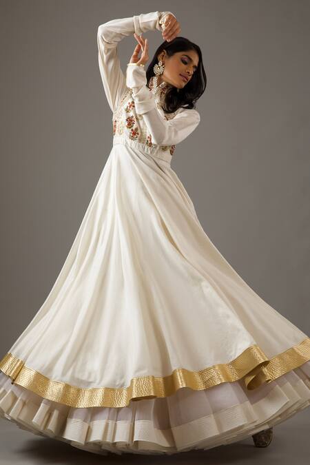 Buy_Rohit Bal_Ivory Silk, Chanderi, Cotton Embroidery High Neck Roseate Bloom Anarkali Set _Online_at_Aza_Fashions
