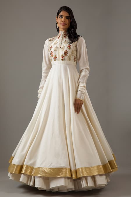 Shop_Rohit Bal_Ivory Silk, Chanderi, Cotton Embroidery High Neck Roseate Bloom Anarkali Set _Online_at_Aza_Fashions