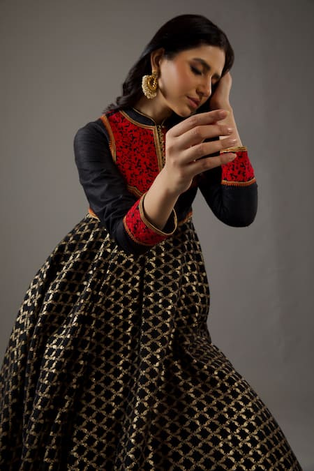 Rohit Bal_Black Silk, Cotton Embroidery Mandarin Collar Banasai Jaal Anarkali Set _Online_at_Aza_Fashions