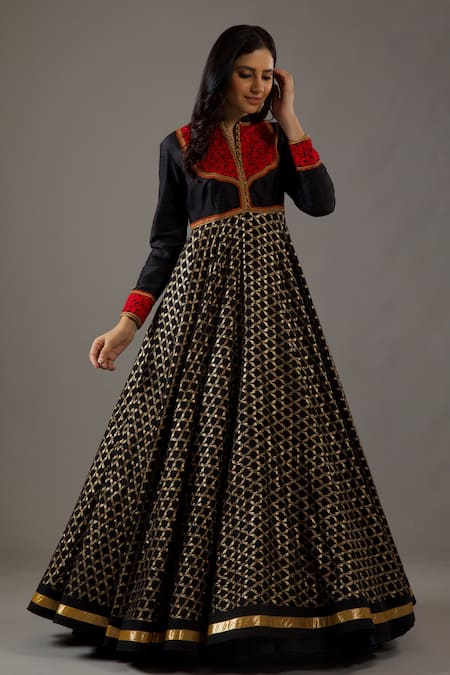 Buy_Rohit Bal_Black Silk, Cotton Embroidery Mandarin Collar Banasai Jaal Anarkali Set _Online_at_Aza_Fashions