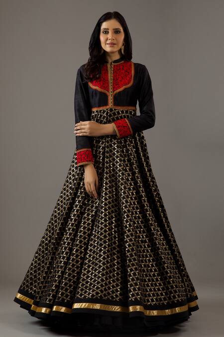Shop_Rohit Bal_Black Silk, Cotton Embroidery Mandarin Collar Banasai Jaal Anarkali Set _Online_at_Aza_Fashions