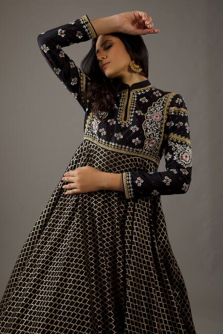 Rohit Bal_Black Silk, Chanderi, Cotton Embroidery Flora Banasai Jaal Anarkali Set _Online_at_Aza_Fashions