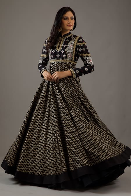 Shop_Rohit Bal_Black Silk, Chanderi, Cotton Embroidery Flora Banasai Jaal Anarkali Set _Online_at_Aza_Fashions