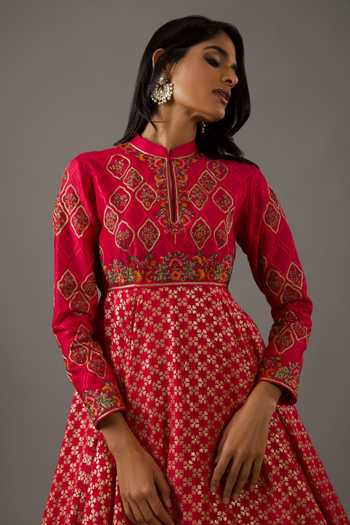 Rohit Bal_Pink Silk, Cotton Embroidery Mandarin Floral Blossom Banasai Jaal Anarkali Set _Online_at_Aza_Fashions