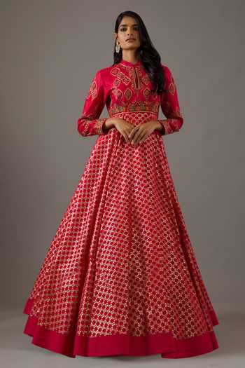 Buy_Rohit Bal_Pink Silk, Cotton Embroidery Mandarin Floral Blossom Banasai Jaal Anarkali Set _Online_at_Aza_Fashions