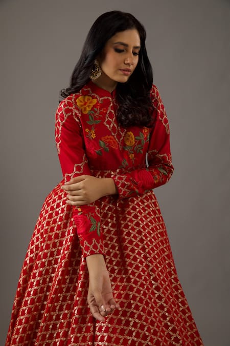 Rohit Bal_Red Silk, Cotton Embroidery Mandarin Carnation Bloom Banasai Jaal Anarkali Set _Online_at_Aza_Fashions