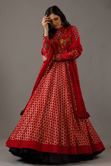 Buy_Rohit Bal_Red Silk, Cotton Embroidery Mandarin Carnation Bloom Banasai Jaal Anarkali Set _Online_at_Aza_Fashions