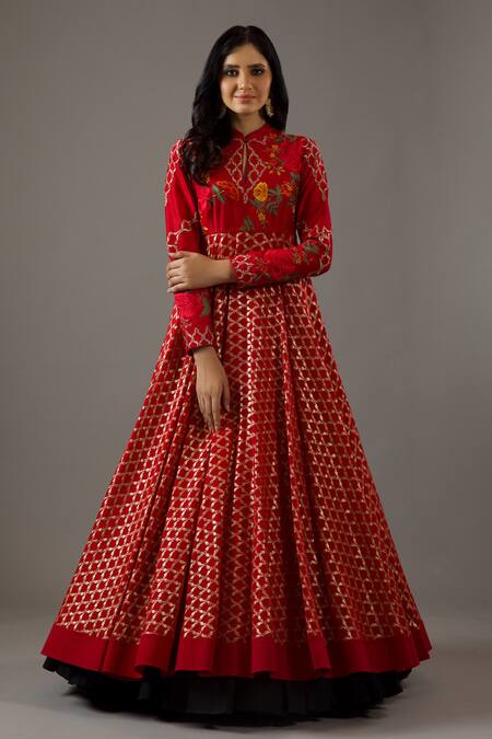 Shop_Rohit Bal_Red Silk, Cotton Embroidery Mandarin Carnation Bloom Banasai Jaal Anarkali Set _Online_at_Aza_Fashions
