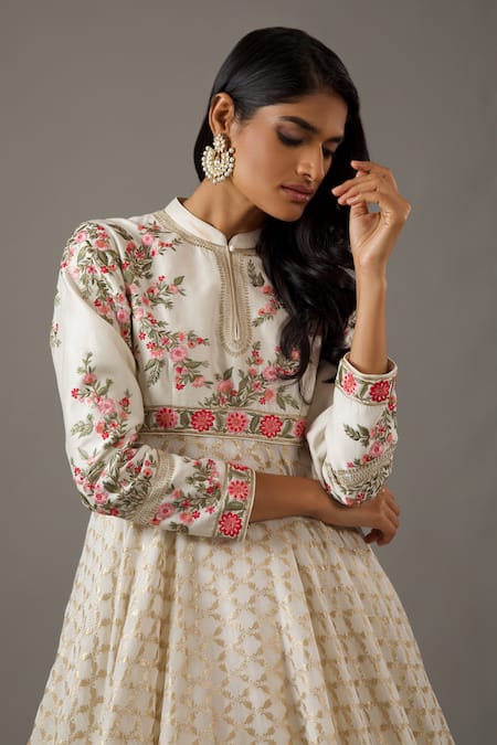 Rohit Bal_Ivory Silk, Chanderi, Cotton Embroidery Dahlia Bloom Banasai Jaal Anarkali Set _Online_at_Aza_Fashions