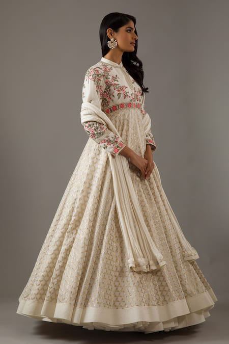 Buy_Rohit Bal_Ivory Silk, Chanderi, Cotton Embroidery Dahlia Bloom Banasai Jaal Anarkali Set _Online_at_Aza_Fashions