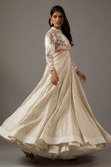 Shop_Rohit Bal_Ivory Silk, Chanderi, Cotton Embroidery Dahlia Bloom Banasai Jaal Anarkali Set _Online_at_Aza_Fashions