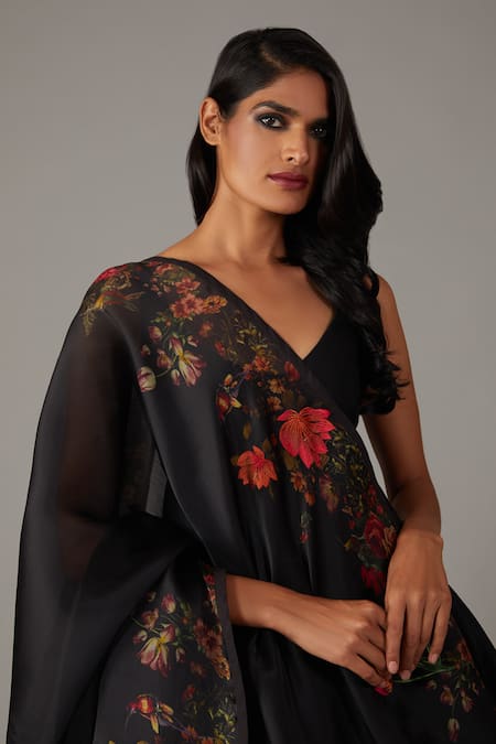 Rohit Bal_Black Chanderi, Organza, Cotton Sequins Scoop Neck Musk Rose Print Anarkali Set _Online_at_Aza_Fashions