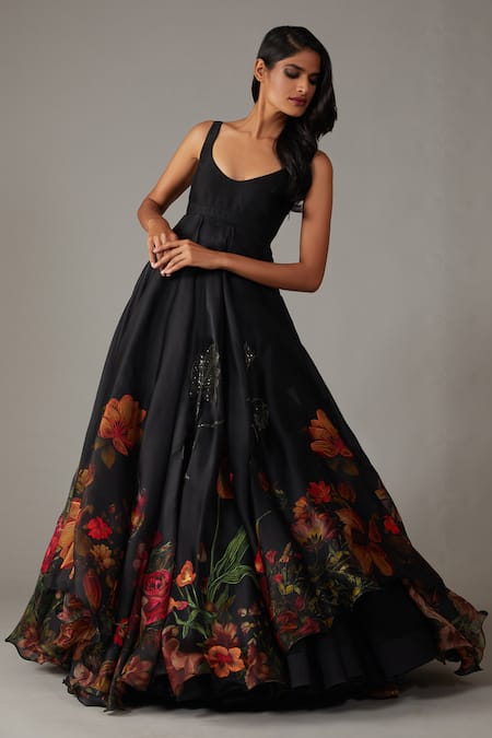 Buy_Rohit Bal_Black Chanderi, Organza, Cotton Sequins Scoop Neck Musk Rose Print Anarkali Set _Online_at_Aza_Fashions